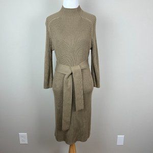 Calvin Klein Sweater Dress Women Large Brown Belted‎ Ribbed Knit 3/4 Sleeve Slim